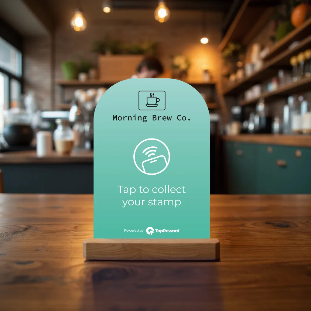 TapReward NFC loyalty tap stand on a cafe counter