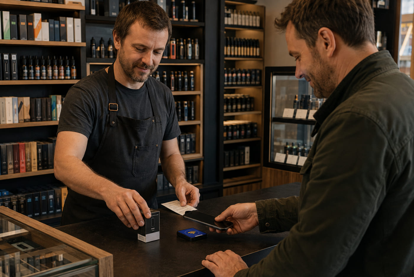 A quiet shop counter with one customer settling up