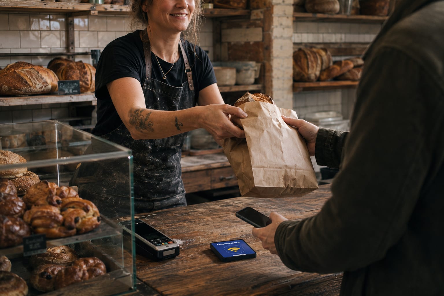 A baker handing a paper bag across the counter of an independent bakery, the tap tag beside the card machine