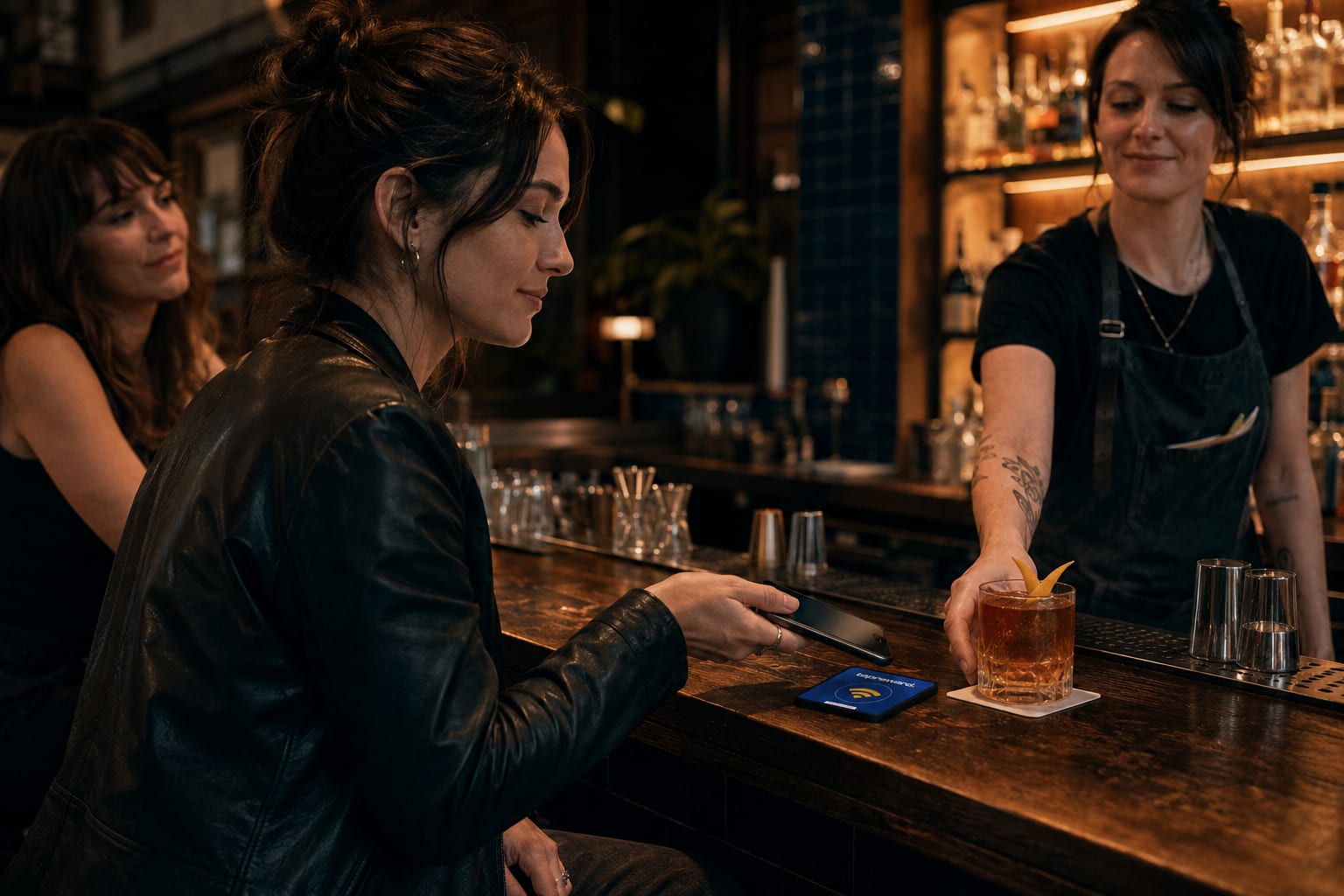 A customer tapping her phone on the tap tag on the bar of an independent cocktail bar