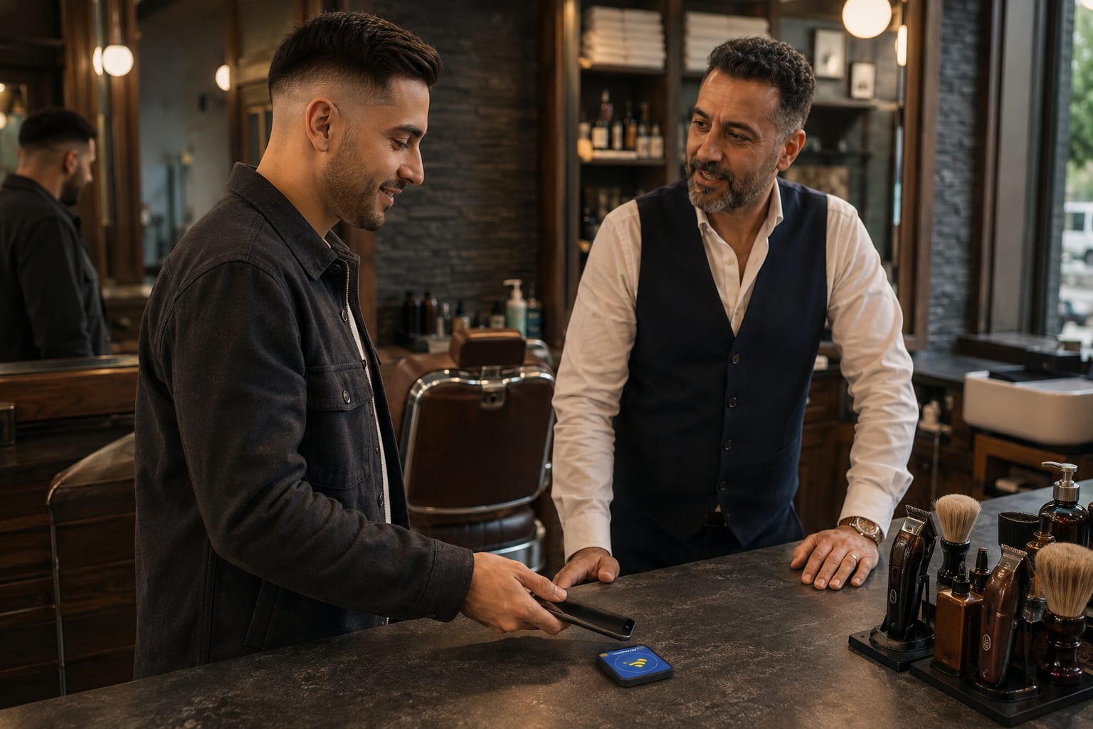 A customer tapping his phone on the tap tag at the counter of an independent barber shop