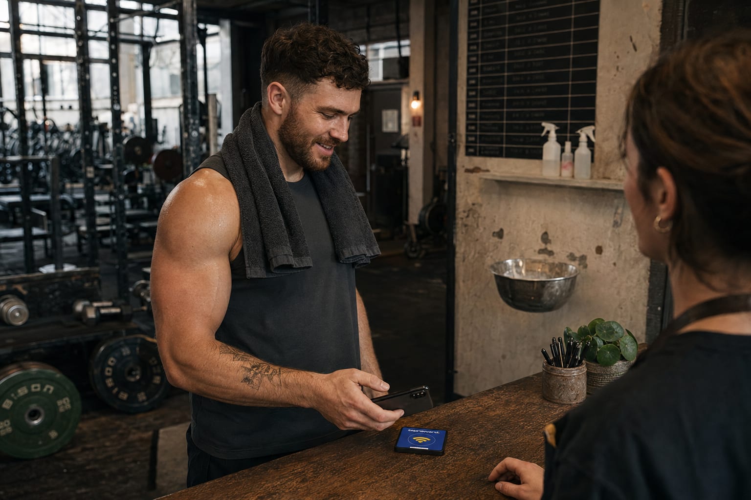 A member tapping his phone on the tap tag at the front desk of an independent gym