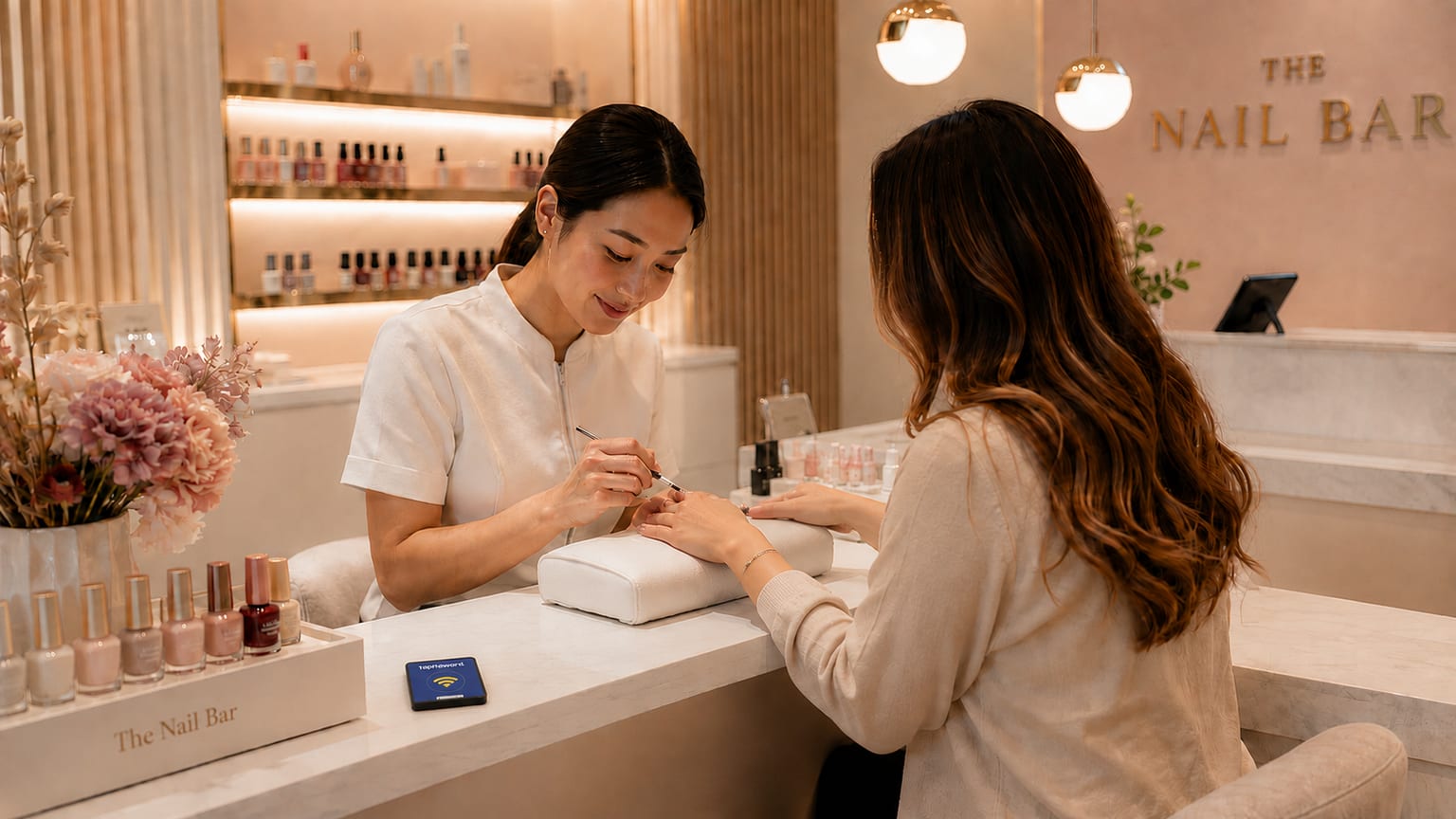 A technician painting a client’s nails at an independent nail bar, with the TapReward tap tag on the counter beside them
